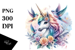 Colorful Baby Unicorn with Flock of Birds PNG Product Image 1