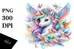 Colorful Baby Unicorn with Flock of Birds PNG Product Image 1