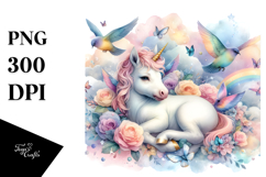 Colorful Baby Unicorn with Flock of Birds PNG Product Image 1