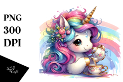 Colorful Baby Unicorn Sipping Tea PNG Product Image 1