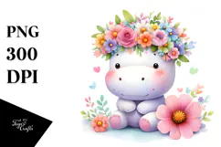 Cartoon Hippo with Flower Crown PNG Product Image 1