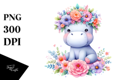 Cute Watercolor Hippo with Flower Crown, PNG Product Image 1
