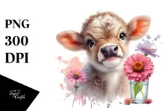 Highland Cow with Zinnia PNG Product Image 1