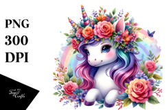 Cute Baby Unicorn with Floral Wreath PNG Product Image 1
