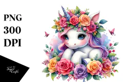 Cute Unicorn with Floral Wreath PNG Product Image 1