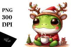 a Watercolor Frog with Reindeer Horns PNG Product Image 1