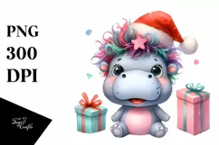 a Pastel Baby Hippo with Santa Hat PNG Product Image 1