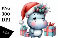 a Pastel Baby Hippo with Santa Hat PNG Product Image 1