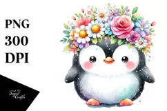 Cute Cartoon-Style Penguin with Flower Crown Clipart Product Image 1