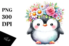 Cute Cartoon-Style Penguin with Flower Crown Clipart Product Image 1