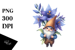 Floating Gnome with Lobelia, Unique Watercolor PNG Product Image 1