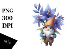 Floating Gnome with Lobelia, Unique Watercolor PNG Product Image 1