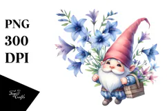 Floating Gnome with Lobelia, Unique Watercolor PNG Product Image 1