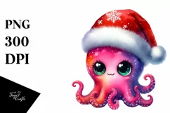 a Vibrant Baby Octopus PNG with Santa Hat Product Image 1