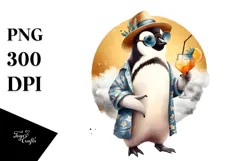 Hipster Penguin in Beachwear Drinking Cocktail PNG Product Image 1