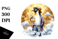 Hipster Penguin in Beachwear Drinking Cocktail PNG Product Image 1