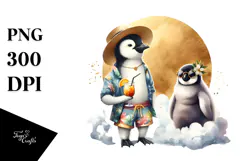 Hipster Penguin in Beachwear Drinking Cocktail PNG Product Image 1