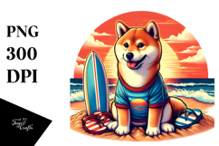 Shiba Inu with Surf and Slippers in Sunset Clipart Product Image 1