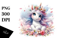 Cute Baby Unicorn Surrounded by Spring Petals | Clipart Product Image 1