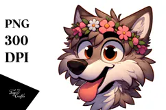 Cartoony Wolf with Flower Crown PNG Product Image 1