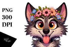 Cartoony Wolf with Flower Crown PNG Product Image 1