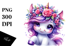 Cute Unicorn with Floral Wreath, PNG Product Image 1