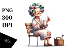 Watercolor Lady Sitting on Bench with Hair Curlers | Clipart Product Image 1