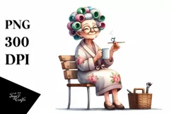 Watercolor Lady Sitting on Bench with Hair Curlers | Clipart Product Image 1