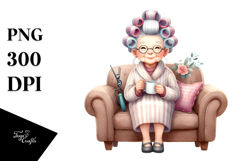Watercolor Lady Sitting on Sofa with Hair Curlers | Clipart Product Image 1