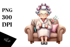 Watercolor Lady Sitting on Sofa with Hair Curlers | Clipart Product Image 1