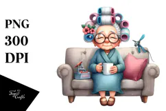 Watercolor Lady Sitting on Sofa with Hair Curlers | Clipart Product Image 1