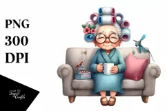Watercolor Lady Sitting on Sofa with Hair Curlers | Clipart Product Image 1