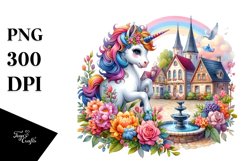 Colorful Baby Unicorn with Village Square PNG Product Image 3
