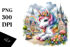 Colorful Baby Unicorn with Village Square PNG Product Image 1