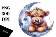 Cute Baby Highland Cow Sitting on Moon | Sublimation | Product Image 1