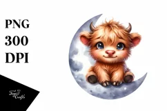 Cute Baby Highland Cow Sitting on Moon | Sublimation | Product Image 1