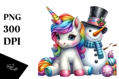 Baby Unicorn with Snowman PNG Product Image 1