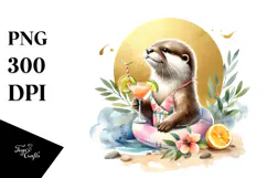 Cute Otter in Beachwear Drinking Cocktail PNG Product Image 1