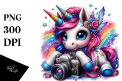 Colorful Baby Unicorn with Camera, PNG Product Image 1