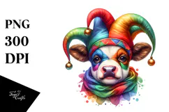 Colorful Baby Cow with Jester's Hat, PNG Product Image 1
