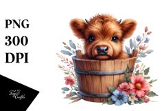 Highland Cow in Wooden Bucket, Transparent PNG Product Image 3