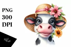 Watercolor Cow Sun Hat Big Eyes |Clipart Product Image 3