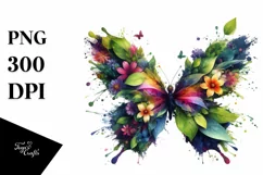 Abstract Vibrant Butterfly with Plant Leaves PNG Product Image 1