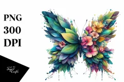 Abstract Vibrant Butterfly with Plant Leaves PNG Product Image 1