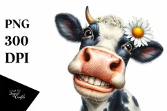 Cow Watercolor Cow Portrait with Daisy | Clipart Product Image 1
