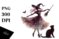 Retro Dancing Witch with Cat, Halloween PNG Product Image 1