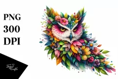 Abstract Vibrant Owl with Plant Leaves PNG Product Image 1