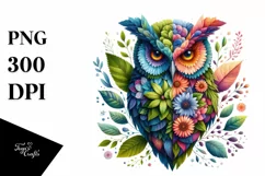 Abstract Vibrant Owl with Plant Leaves PNG Product Image 1