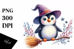 Colorful Whimsical Penguin Witch Broom Clipart Product Image 1