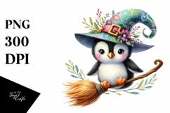 Colorful Whimsical Penguin Witch Broom Clipart Product Image 1